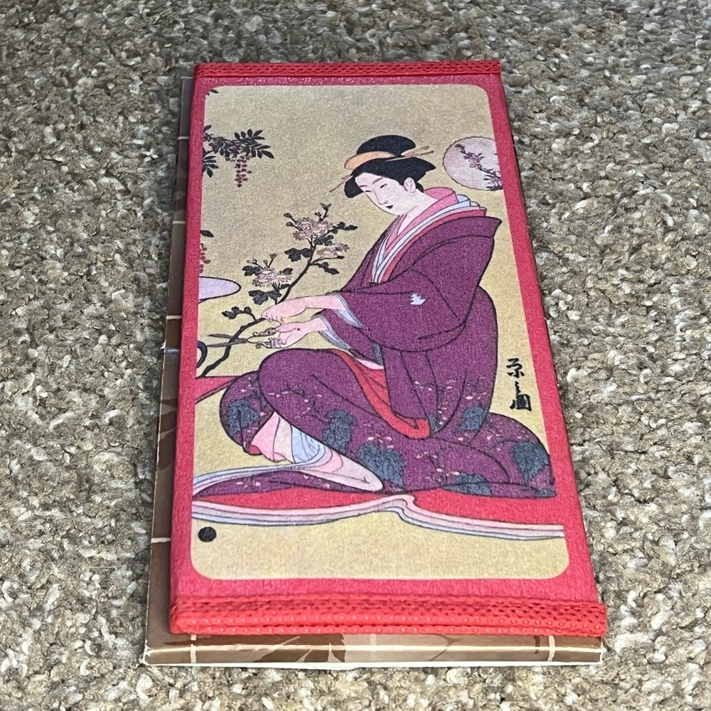 Traditional Japanese Art Ukiyoe Bi-Fold Long Wallet Woman Reading & Gardening